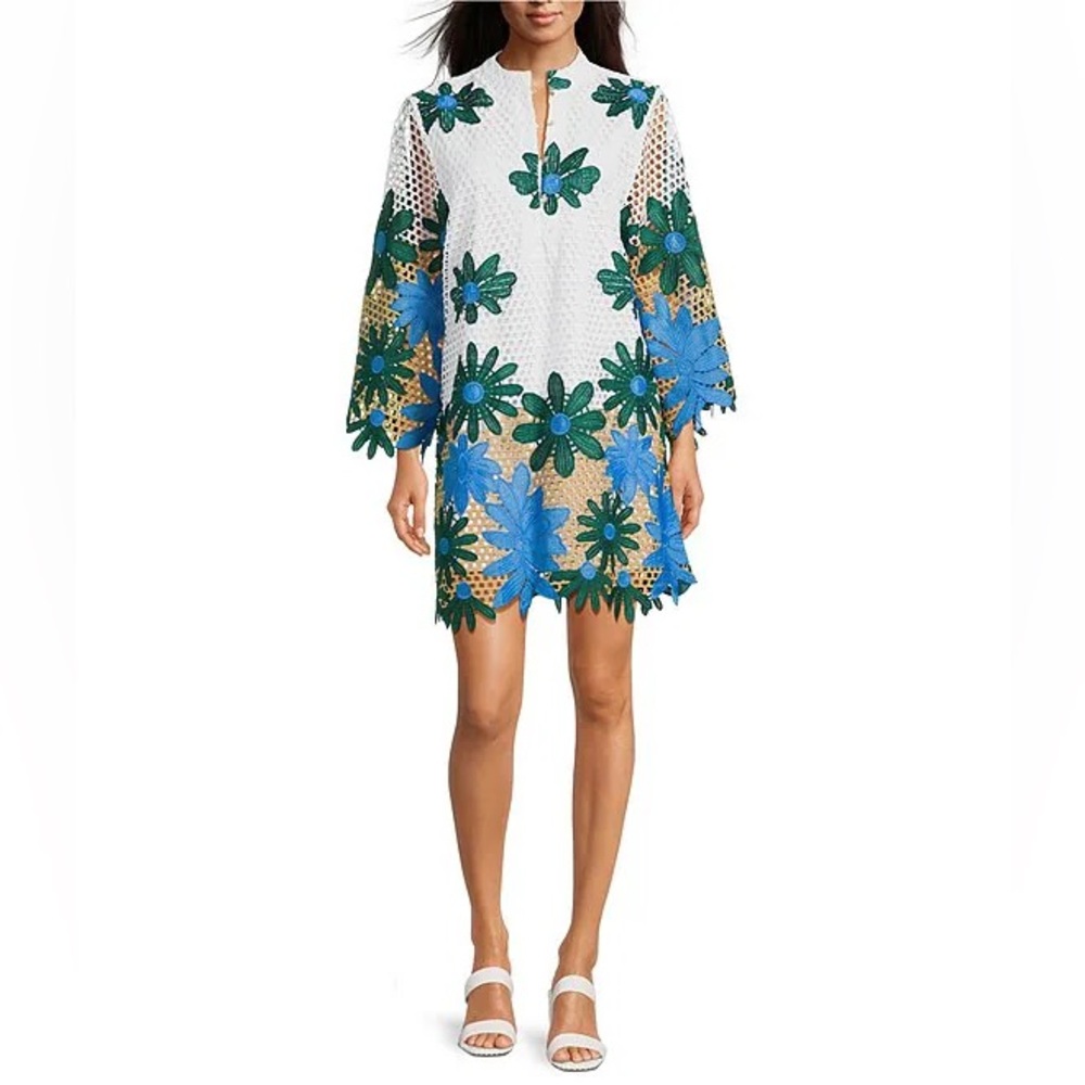 NWT J.Marie Coleen Lace High Neck 3/4 Sleeve Floral Mini Shift Dress Sz S